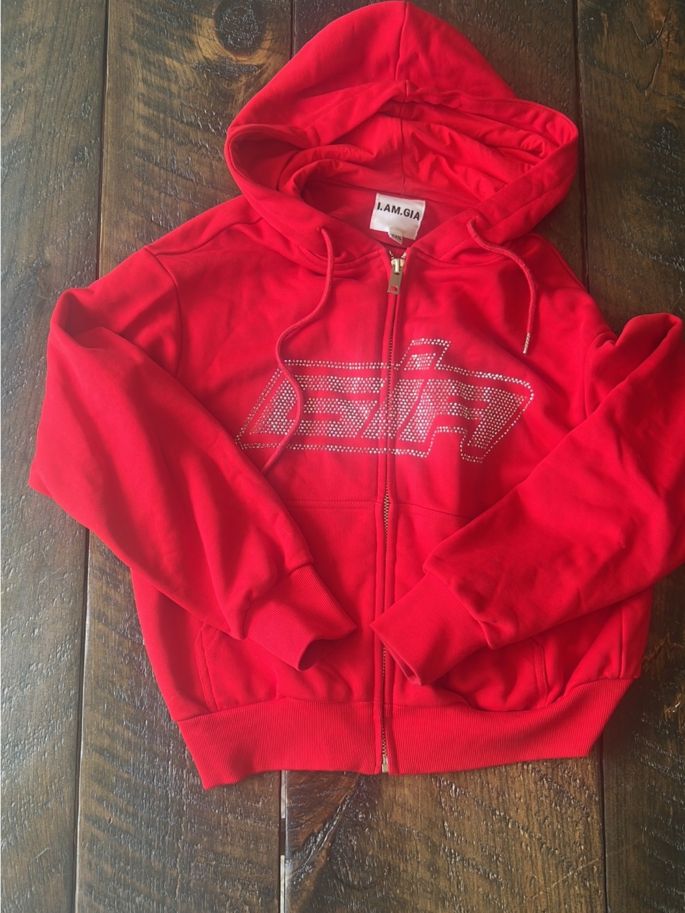 I.AM.GIA Red Rhinestone Logo Zip Hoodie